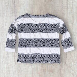J CREW Ivory Black Aztec Fair Isle Stripe 3/4 Sleeve Scoop Neck Sweater Top M